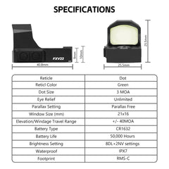 FXV22-GR 3 MOA Micro Green Dot For RMSc footprint